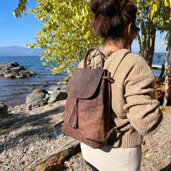 SALE BOHO CHIC Genuine brown buffalo leather bag backpack flap tassel New - Picture 3 of 12